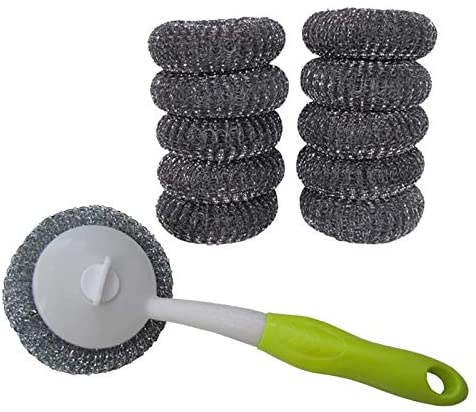 Stainless Steel Wire Ball Brush Pot, Pan, Dish, Bowl Scrubber Cleaner with Plastic Handle