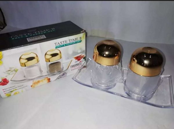 Namak dani Salt and pepper Shaker Tooth Pick Jar Set of 2 Golden Cover With Stand